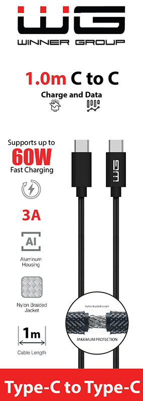 WG Datový kabel USB-C / USB-C, 3A, černý, 100cm