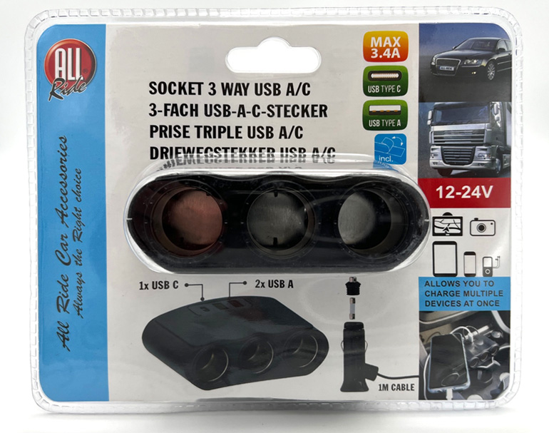 Roztrojka zapalovače 12/24V + USB-C a 2x USB-A