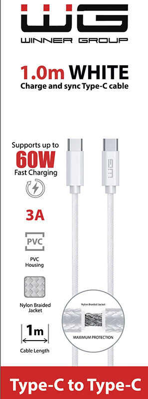 WG Datový kabel USB-C / USB-C, 3A, bílý, 100cm