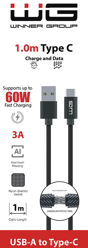 WG Datový kabel USB-A / USB-C, 3 A, černý, 100 cm