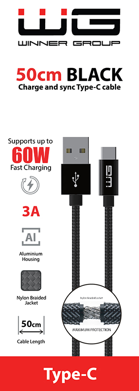 WG Datový kabel USB-A / USB-C, 3 A, černý, 50 cm