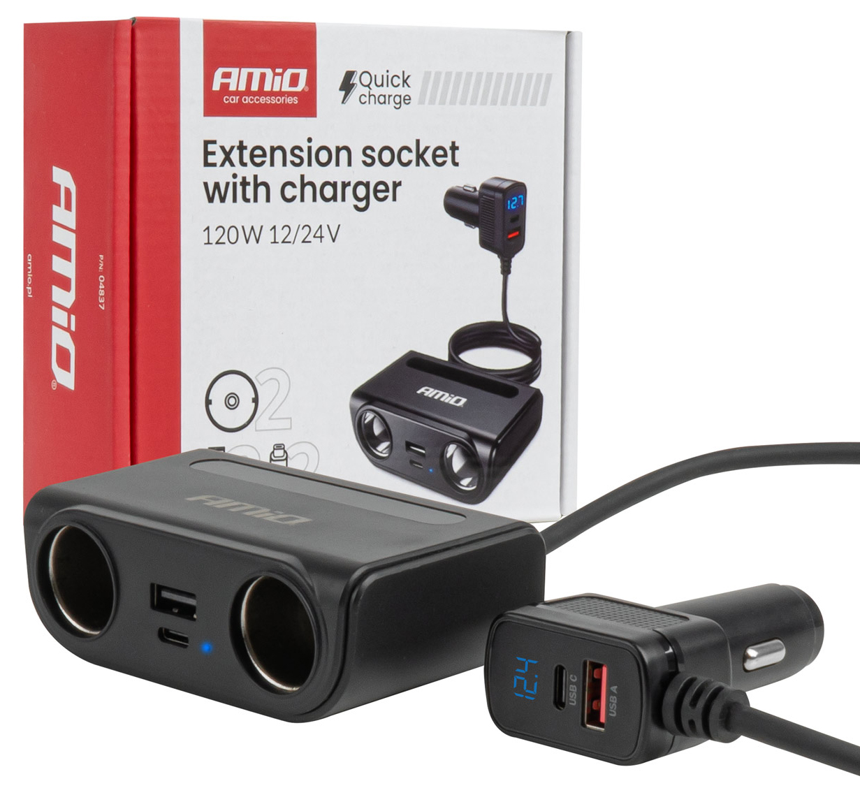 Prodlužovací zásuvka s nabíječkou USB-C USB-A a voltmetrem, 12/24V, max 120W