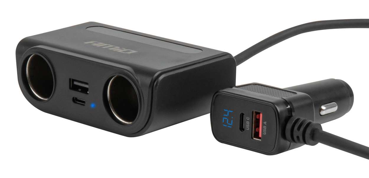 Prodlužovací zásuvka s nabíječkou USB-C USB-A a voltmetrem, 12/24V, max 120W
