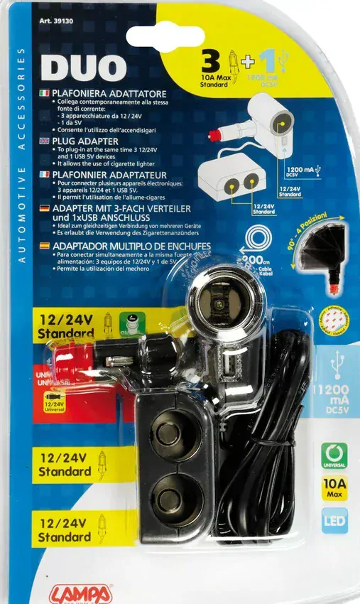 Roztrojka autozapalovače s USB a prodloužením 200cm