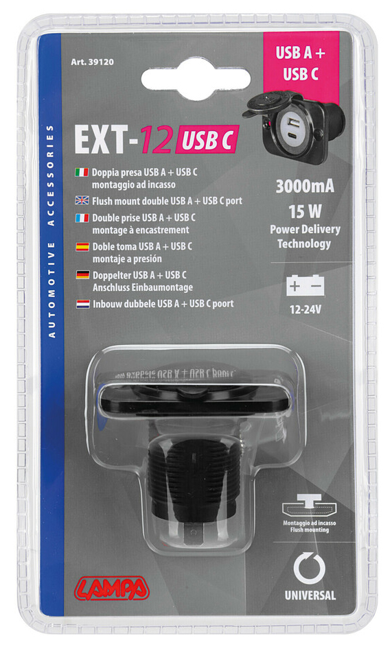 Vestavná zásuvka USB A + USB C, 12/24V