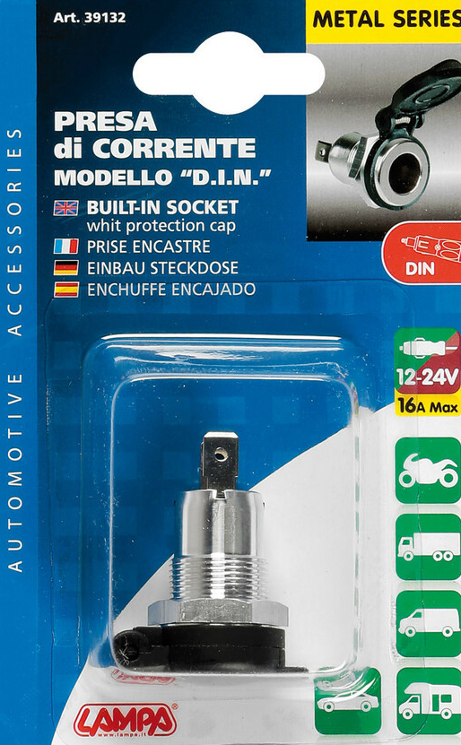 Vestavná DIN hliníková zásuvka 12-24V, 16A