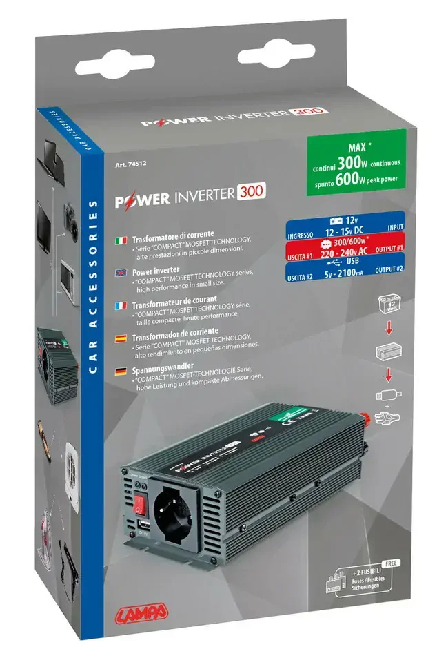 Měnič napětí 12V - 230V, 300W s USB