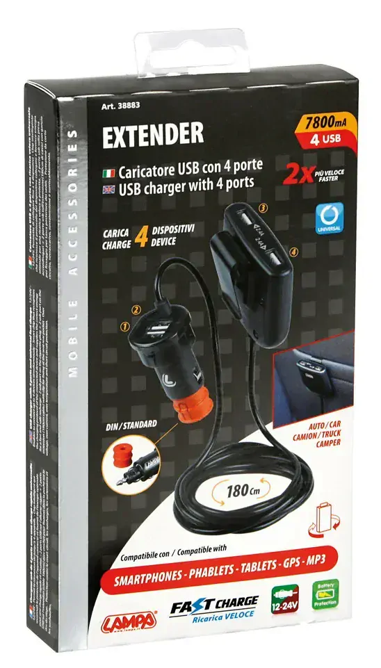 Nabíječka 4x USB A s prodloužením 180cm, 12/24V, 7800mA